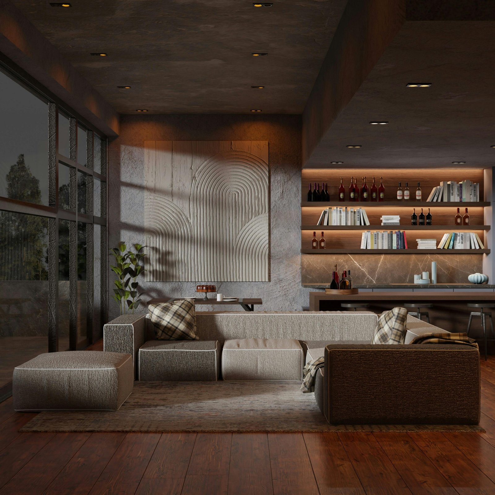 Contemporary living room with sofa, art, and a stylish bar for relaxation.